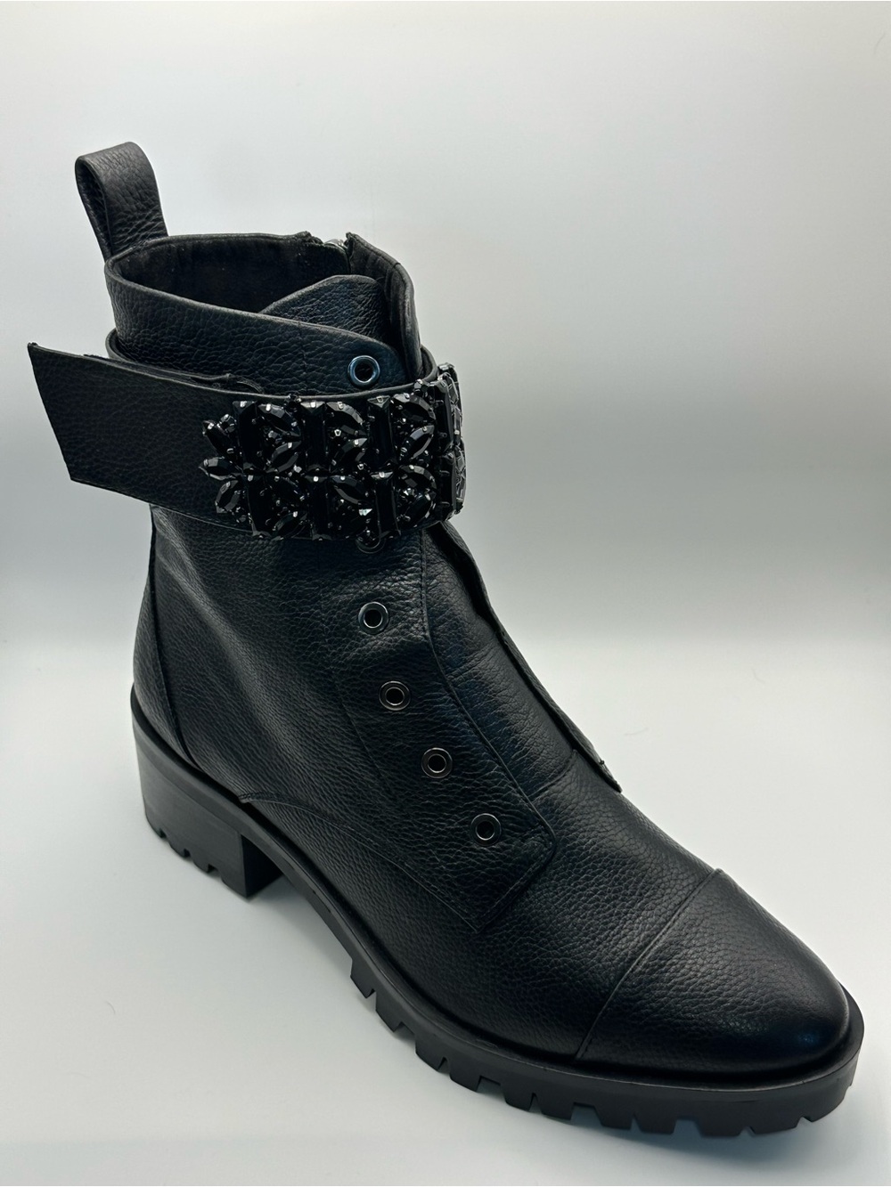 Karl Lagerfeld Paris | Black Embellished Jeweled Cuff Lug Sole Ankle Boots Sz 10